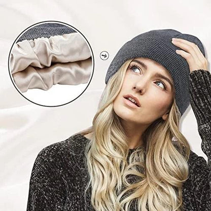 No Static-No Frizz-No Tangle Satin Lined Beanie,Winter Warm Silk Satin Lined Knit Hat,Anti-Static Satin Lined Caps Beanie Hat