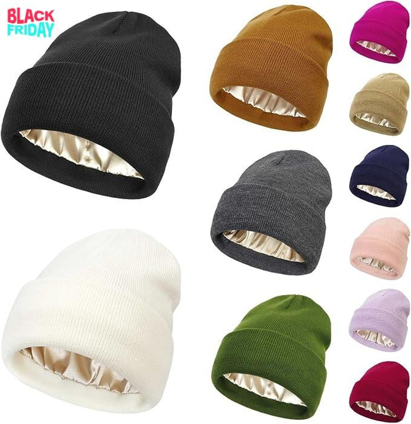 No Static-No Frizz-No Tangle Satin Lined Beanie,Winter Warm Silk Satin Lined Knit Hat,Anti-Static Satin Lined Caps Beanie Hat